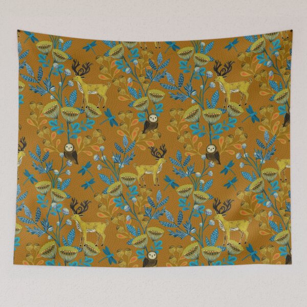 Item preview, Whimsical Woodland Owls and Stags in a Block Print Forest designed and sold by phatlizzardart.