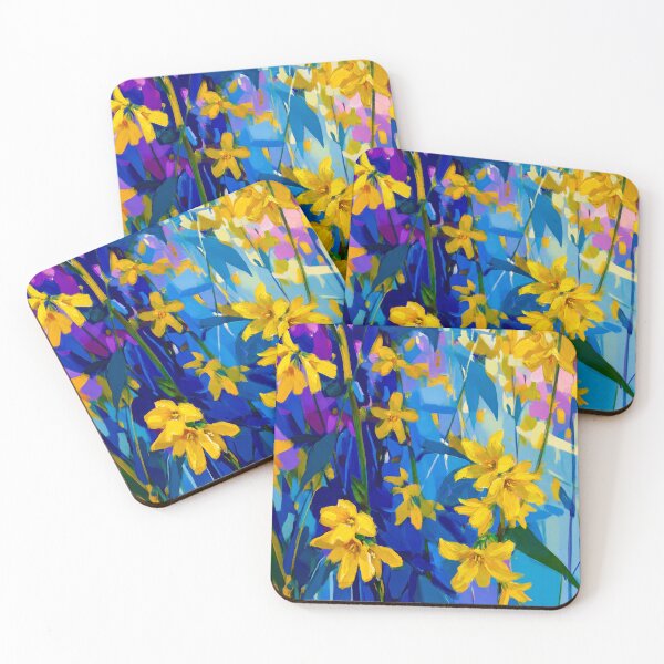 Item preview, Vibrant Spring Forsythia Abstract on Blue  designed and sold by MaisonMaroMara.