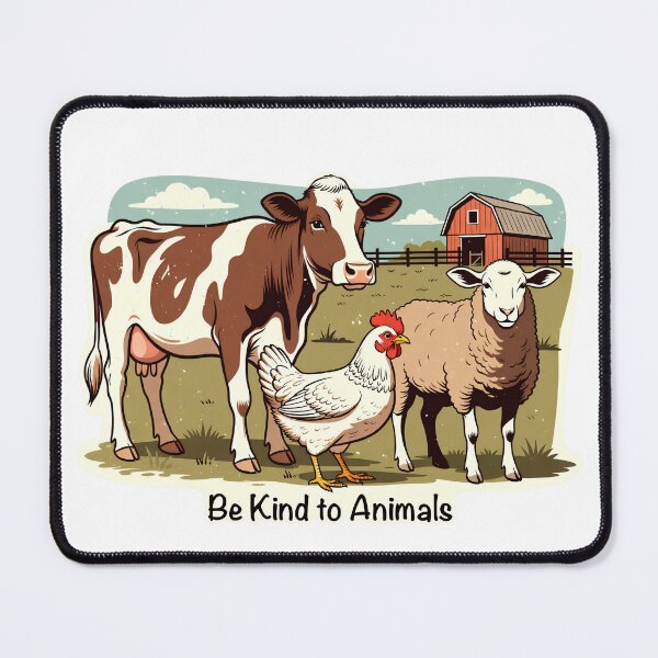 Item preview, Cow, sheep, and chicken stand together outside a barn with a message about kindness to animals in a farm setting designed and sold by SpaceartLilu.