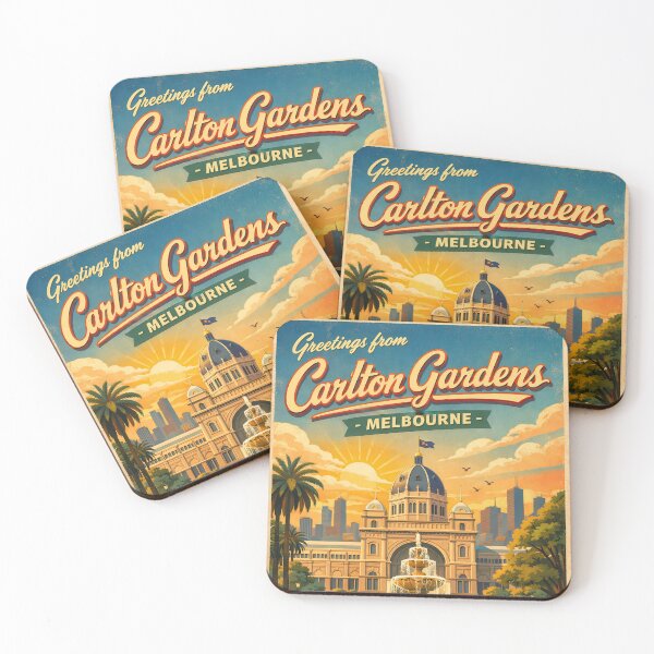 Item preview, Greetings from Carlton Gardens – Vintage travel poster Melbourne Australia designed and sold by Earth Celebration Designs.