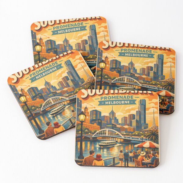 Item preview, Greetings from the Southbank Promenade – Vintage travel poster Melbourne Australia designed and sold by Earth Celebration Designs.