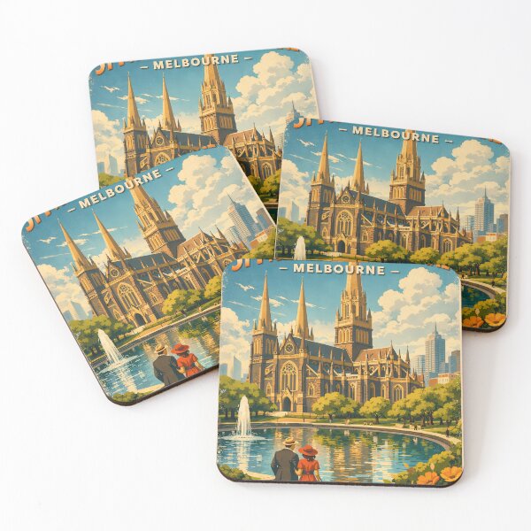 Item preview, Greetings from St. Patrick’s Cathedral – Vintage travel poster Melbourne Australia designed and sold by Earth Celebration Designs.