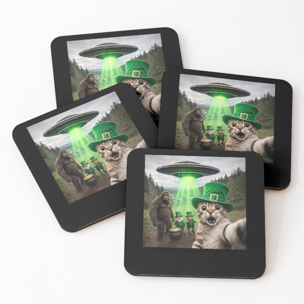Item preview, Funny St Patricks Day Cat Selfie with Leprechaun Bigfoot UFO designed and sold by Juansustait.