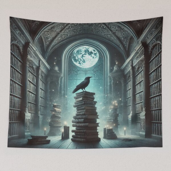 Item preview, The Moonlit Scholar – Crow in Mystical Library Dark Academia Art Print designed and sold by ArtFreshStudio.