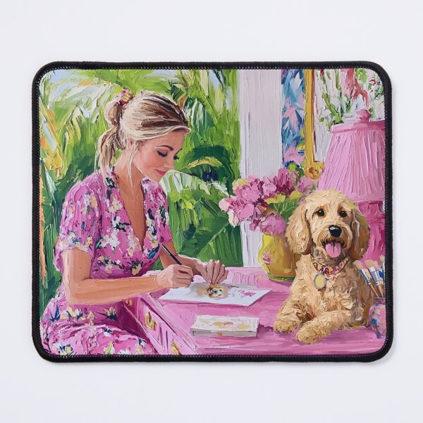 Item preview, Grandmillennial art, Artist at Work, whimsical woman and dog designed and sold by SophieClimaArt.