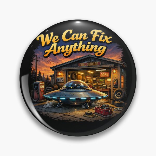 Item preview, We Can Fix Anything – UFO at the Garage Retro Sci-Fi Mechanic Humor designed and sold by DiamondSkyShirt.