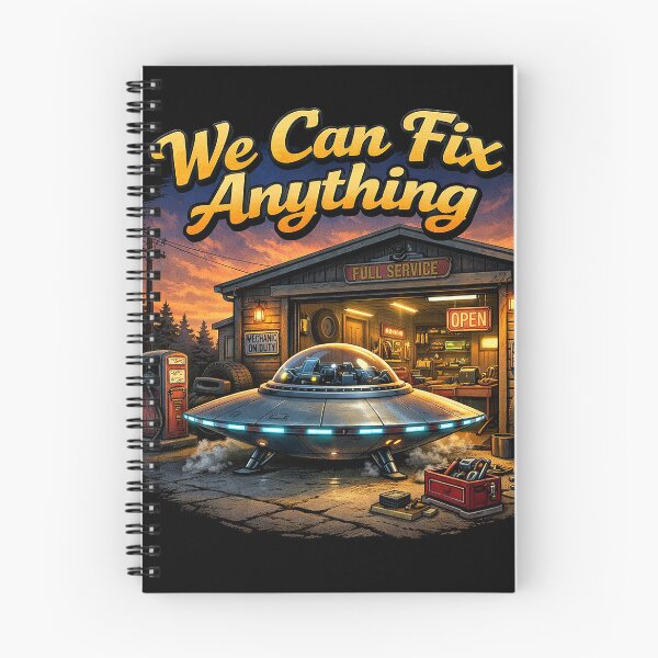 Item preview, We Can Fix Anything – UFO at the Garage Retro Sci-Fi Mechanic Humor designed and sold by DiamondSkyShirt.