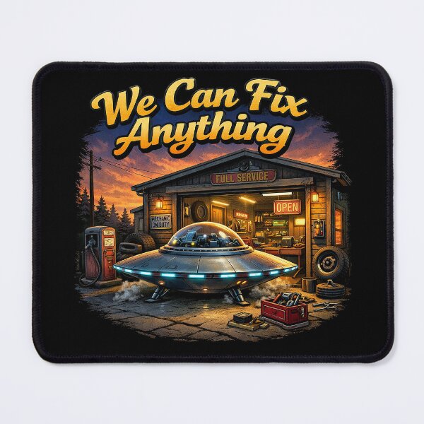 Item preview, We Can Fix Anything – UFO at the Garage Retro Sci-Fi Mechanic Humor designed and sold by DiamondSkyShirt.