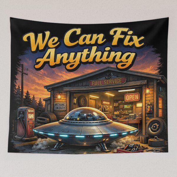 Item preview, We Can Fix Anything – UFO at the Garage Retro Sci-Fi Mechanic Humor designed and sold by DiamondSkyShirt.