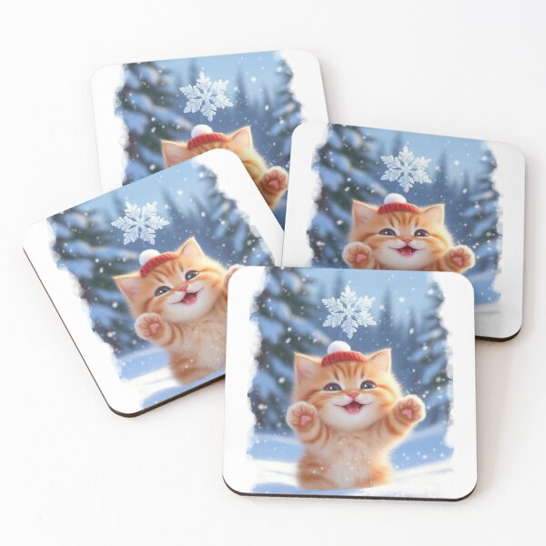 Item preview, Cute Orange Tabby Kitten Smiling Snow Red Toque Kawaii Art designed and sold by Falconwolf.