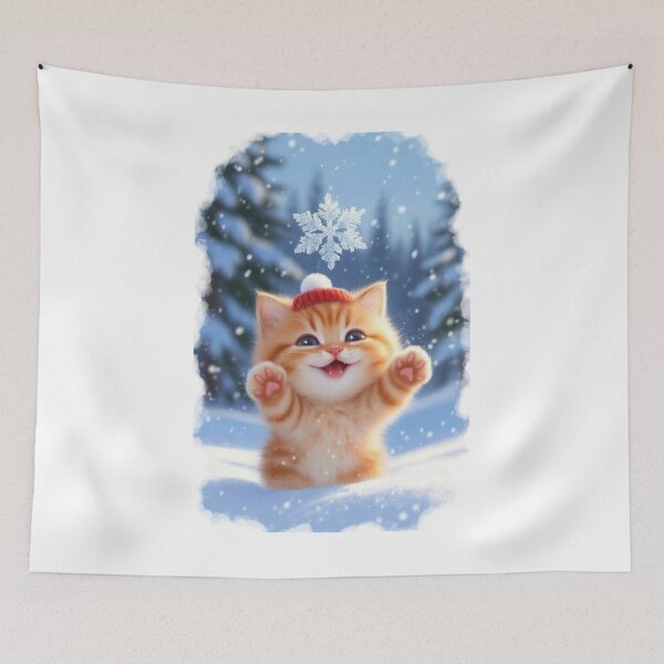Item preview, Cute Orange Tabby Kitten Smiling Snow Red Toque Kawaii Art designed and sold by Falconwolf.
