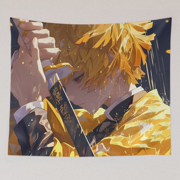 Item preview, Zenitsu Agatsuma Demon Slayer Rainy Closeup Dramatic Gold designed and sold by mildaclairmo.