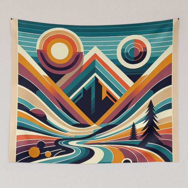 Item preview, Geometric Mountain Valley with Retro Sun designed and sold by InkSmithery.