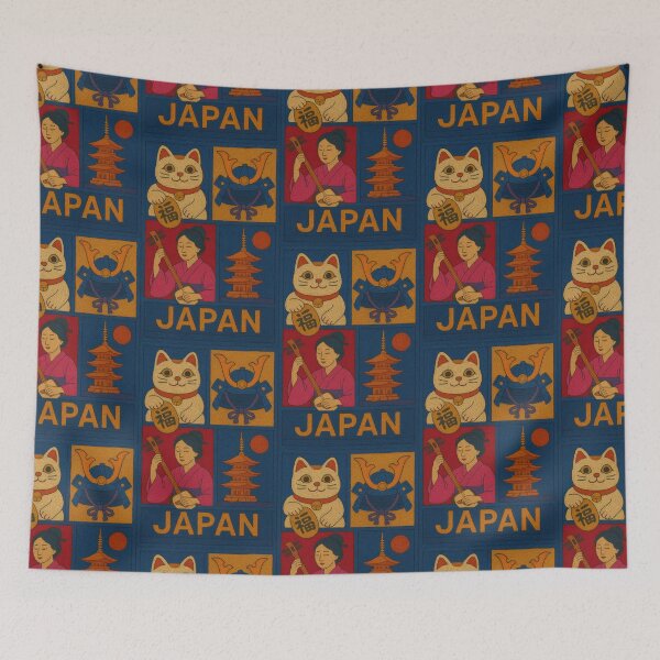 Item preview, Japan Icons Faux Wool Art – Maneki Neko Samurai Kabuto Shamisen Pagoda Knitted Style Illustration designed and sold by TheTrendsDesk.