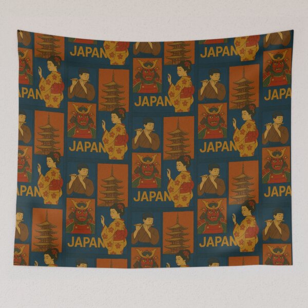Item preview, Japan Traditional Arts Faux Wool Art – Samurai Oni Mask Geisha Pagoda Flute Knitted Style Illustration designed and sold by TheTrendsDesk.