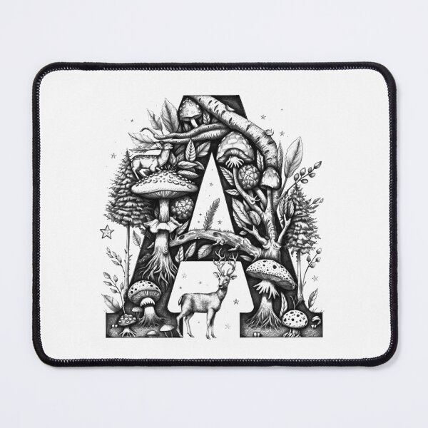 Item preview, Woodland Letter A Mushroom Monogram Black and White Forest Fantasy Art designed and sold by inkoutninja.
