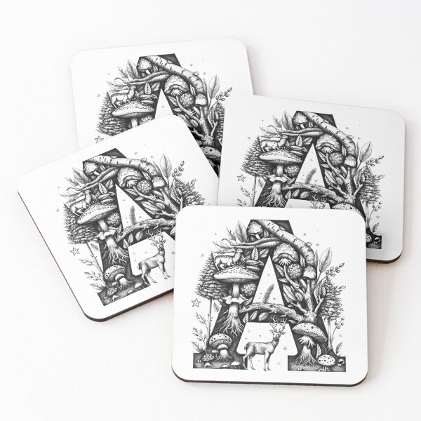 Item preview, Woodland Letter A Mushroom Monogram Black and White Forest Fantasy Art designed and sold by inkoutninja.