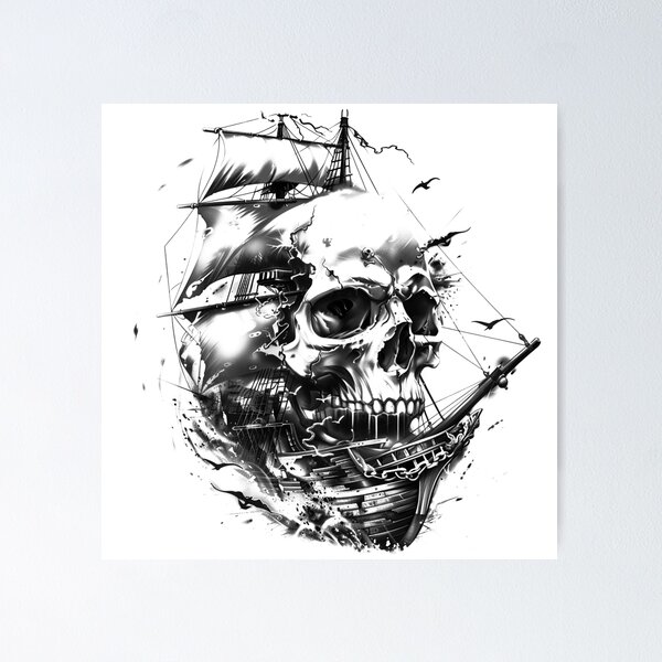 Item preview, Pirate Ship Skull Black and White Gothic Nautical Art designed and sold by inkoutninja.
