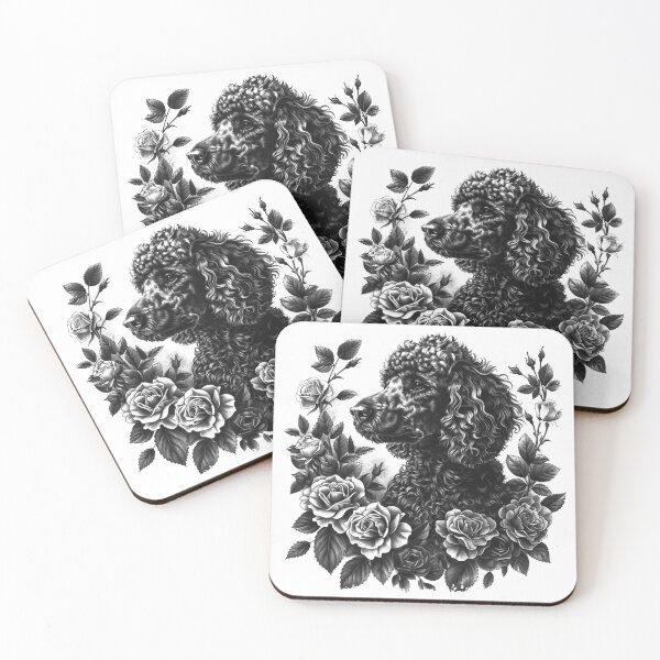 Item preview, Black Poodle with Roses Black and White Floral Dog Portrait Art designed and sold by inkoutninja.