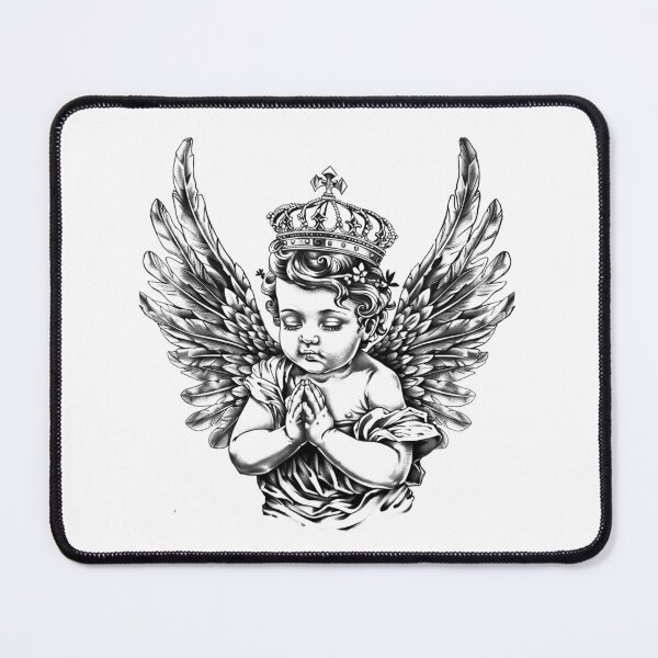Item preview, Praying Angel Cherub Crown Black and White Spiritual Art designed and sold by inkoutninja.