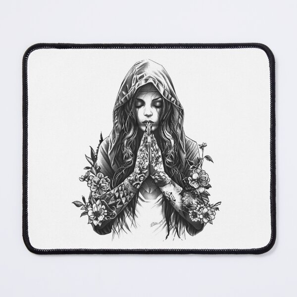 Item preview, Praying Hooded Woman Black and White Spiritual Floral Art designed and sold by inkoutninja.