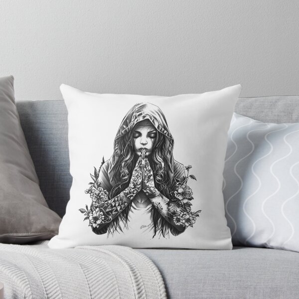 Item preview, Praying Hooded Woman Black and White Spiritual Floral Art designed and sold by inkoutninja.