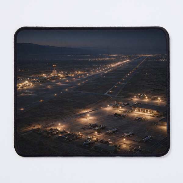 Item preview, Night Military Airbase Aerial View | Runway Lights & Aircraft Hangars | Cinematic Aviation Wall Art designed and sold by Element Horizon Studio.