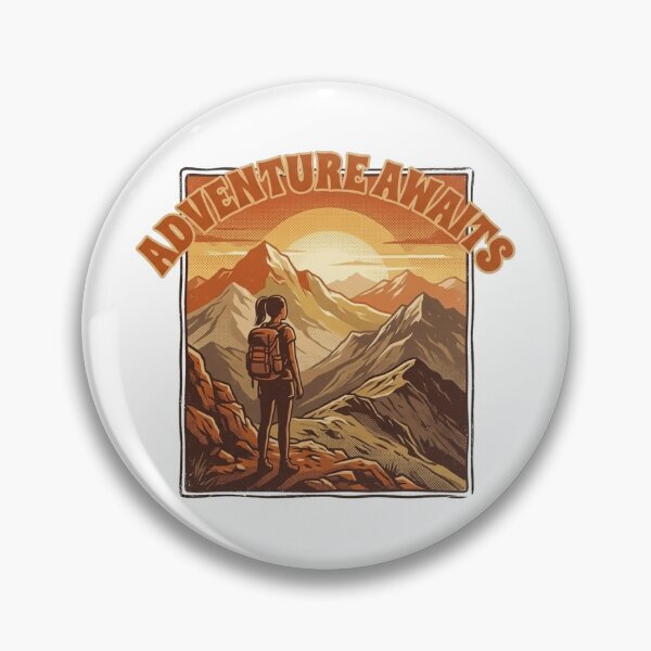 Item preview, Adventure Awaits Sunset Illustration - Retro Mountain Peak Solo Female Hiker designed and sold by Bloom & Quiet .