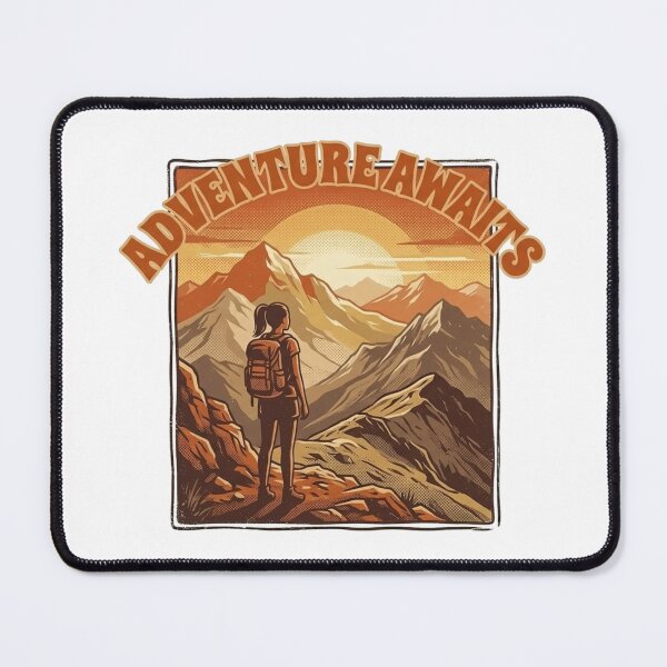 Item preview, Adventure Awaits Sunset Illustration - Retro Mountain Peak Solo Female Hiker designed and sold by Bloom & Quiet .