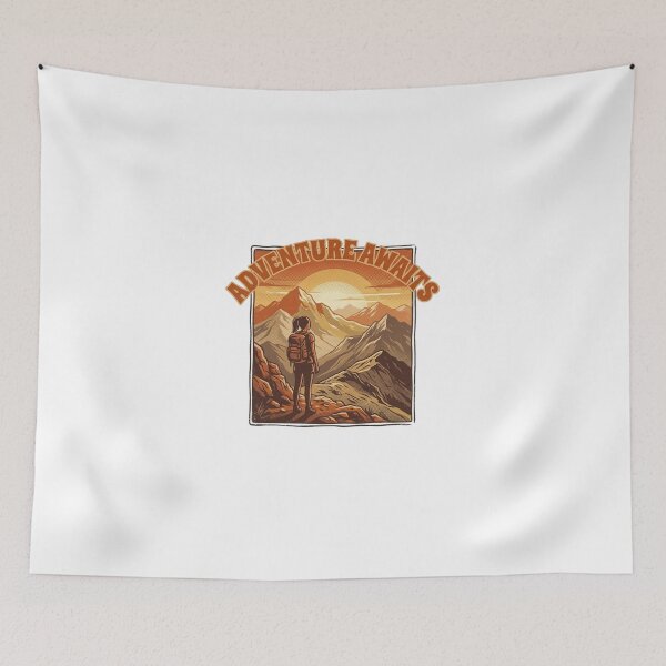 Item preview, Adventure Awaits Sunset Illustration - Retro Mountain Peak Solo Female Hiker designed and sold by Bloom & Quiet .