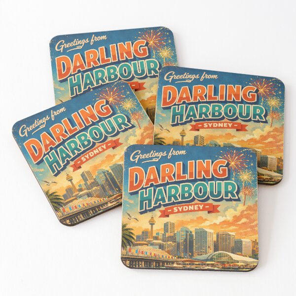 Item preview, Vintage travel poster Darling Harbour Sydney – Retro Skyline & Harbour Poster designed and sold by Earth Celebration Designs.