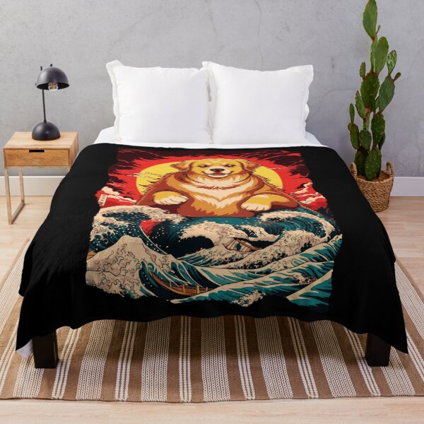 Item preview, Golden Retriever Kaiju Japanese Wave Sunset Illustration designed and sold by JEFDodsonArt.