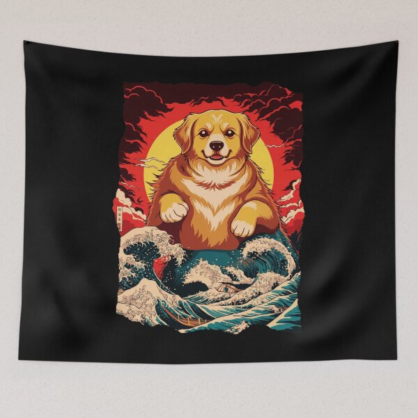 Item preview, Golden Retriever Kaiju Japanese Wave Sunset Illustration designed and sold by JEFDodsonArt.