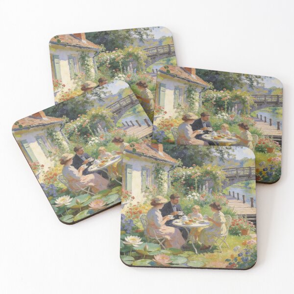 Item preview, Impressionist English Garden Tea Party Painting, Canal, Swans & Cottage Floral Wall Art designed and sold by BlareBlare.