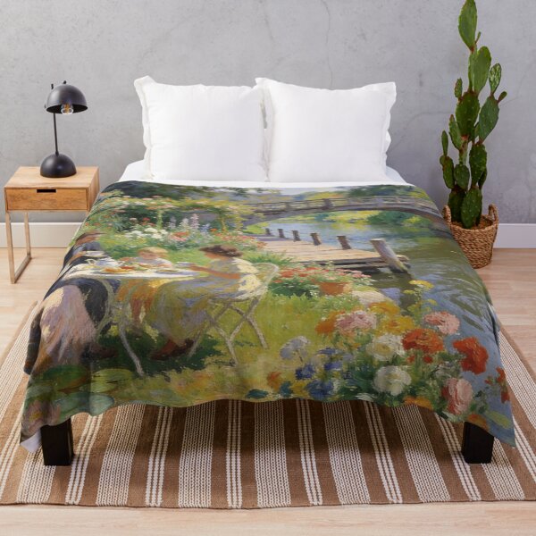 Item preview, Impressionist English Garden Tea Party Painting, Canal, Swans & Cottage Floral Wall Art designed and sold by BlareBlare.