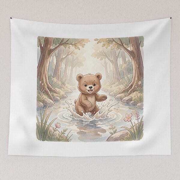 Item preview, Happy Little Bear Splashing in Forest Stream (Watercolor Cute Animal Art) designed and sold by Kavya Art.