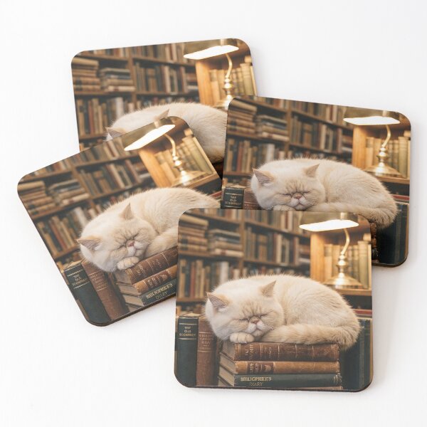 Item preview, Exotic Shorthair Cat Sleeping on Books in Cozy Library designed and sold by Jaani-T.