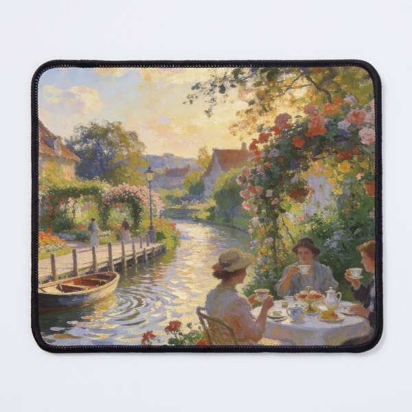 Item preview, Beautiful English Tea Party Artwork, Floral Garden, Canal & Boat Impressionist Scene designed and sold by BlareBlare.