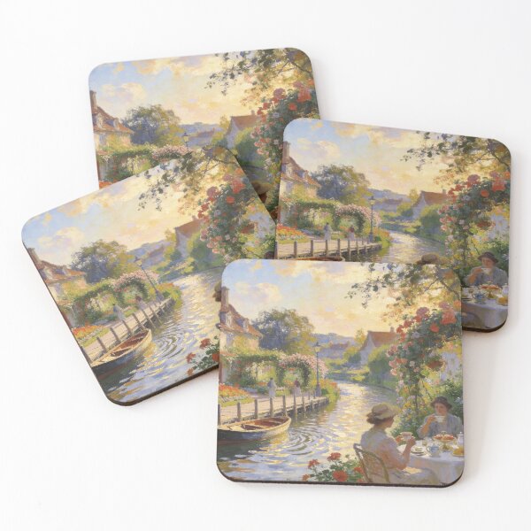 Item preview, Beautiful English Tea Party Artwork, Floral Garden, Canal & Boat Impressionist Scene designed and sold by BlareBlare.