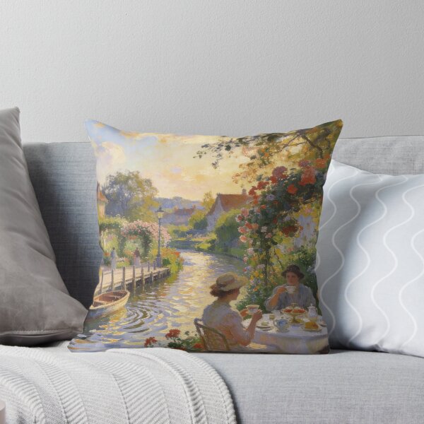 Item preview, Beautiful English Tea Party Artwork, Floral Garden, Canal & Boat Impressionist Scene designed and sold by BlareBlare.