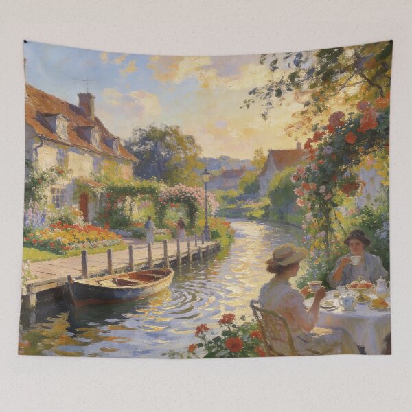 Item preview, Beautiful English Tea Party Artwork, Floral Garden, Canal & Boat Impressionist Scene designed and sold by BlareBlare.