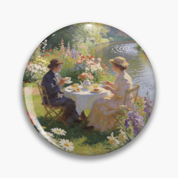Item preview, Romantic Afternoon Tea in Cottage Garden – Canal Bridge & Boat Impressionist Artwork designed and sold by BlareBlare.