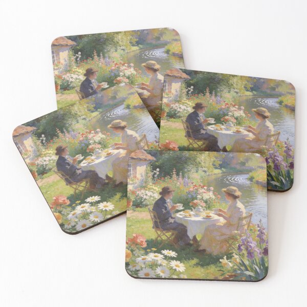 Item preview, Romantic Afternoon Tea in Cottage Garden – Canal Bridge & Boat Impressionist Artwork designed and sold by BlareBlare.