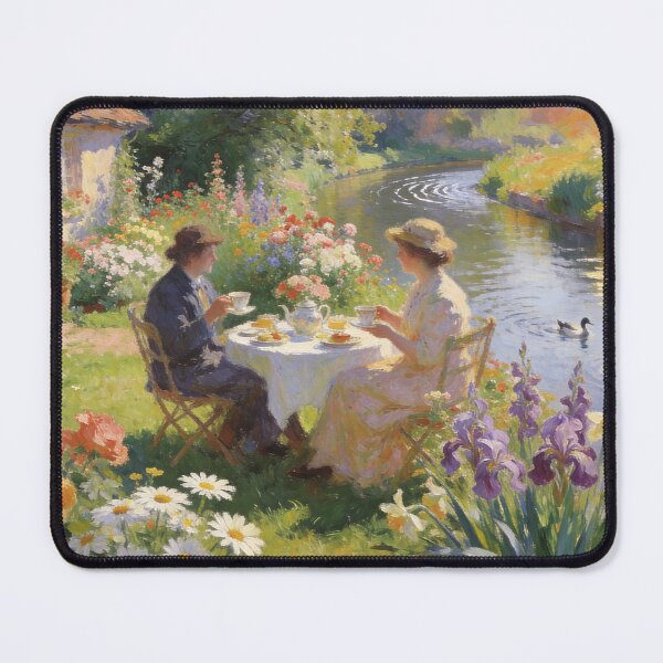 Item preview, Romantic Afternoon Tea in Cottage Garden – Canal Bridge & Boat Impressionist Artwork designed and sold by BlareBlare.