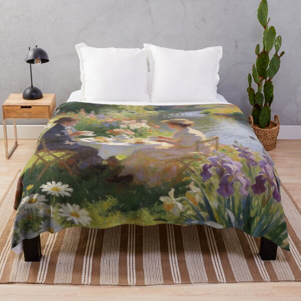 Item preview, Romantic Afternoon Tea in Cottage Garden – Canal Bridge & Boat Impressionist Artwork designed and sold by BlareBlare.