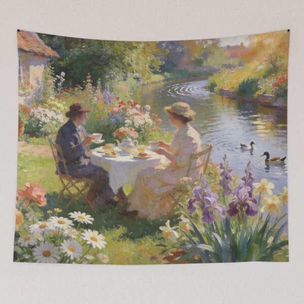 Item preview, Romantic Afternoon Tea in Cottage Garden – Canal Bridge & Boat Impressionist Artwork designed and sold by BlareBlare.