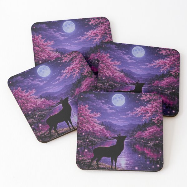 Item preview, Moonlit Sakura Stag | Cherry Blossom Night Deer Wall Art designed and sold by simpleyetcanva.
