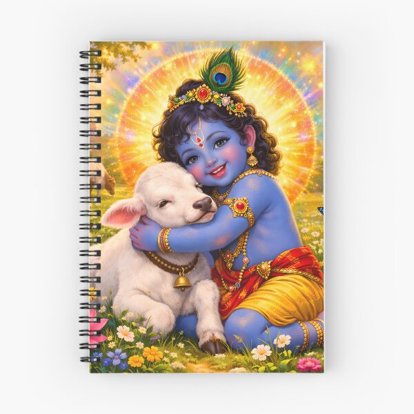 Item preview, Little Krishna with Cow Calf | Baby Krishna Vrindavan Scene | Hindu God Art designed and sold by CosmicLotusArt.