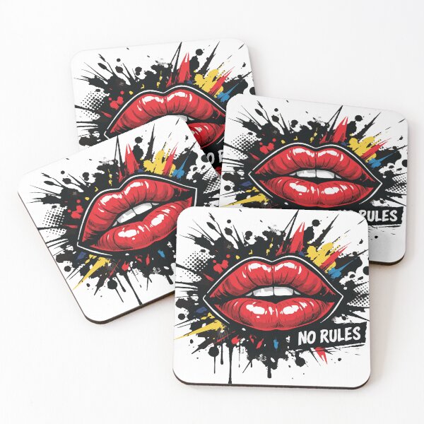 Item preview, pop art illustration of glossy red lips surrounded by paint splatters, halftone dots and graffiti accents reading  No Rules,  evoking rebellion, glamour designed and sold by Dejbar.