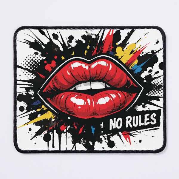 Item preview, pop art illustration of glossy red lips surrounded by paint splatters, halftone dots and graffiti accents reading  No Rules,  evoking rebellion, glamour designed and sold by Dejbar.